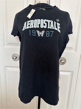 Aeropostale Black Short Sleeve Tee with White & Light Blue Logo